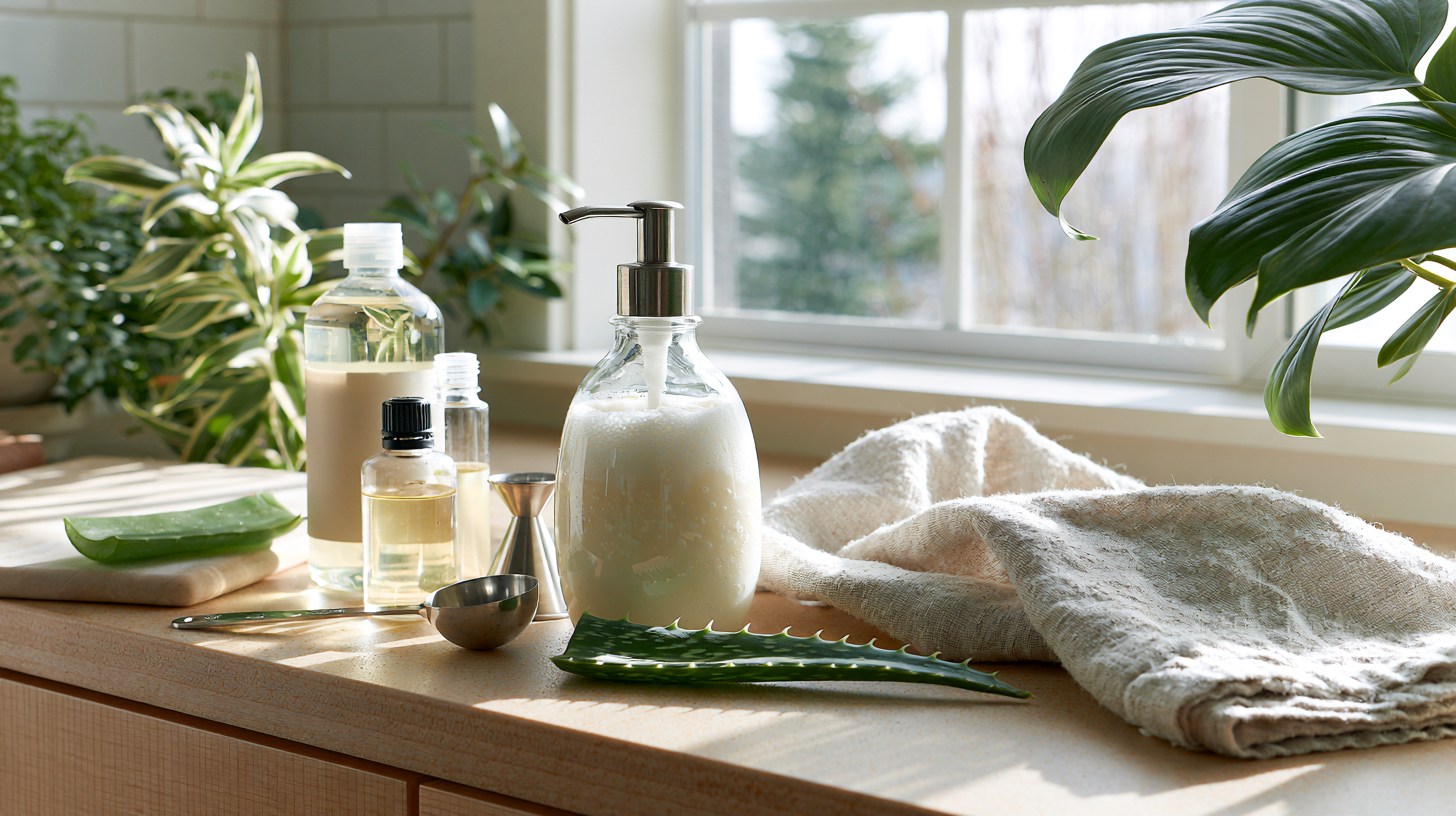 Homemade foaming hand soap in a glass dispenser with natural ingredients on a kitchen counter.